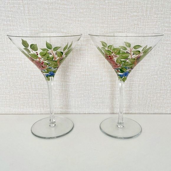 Set of 2, Cocktail Martini Glasses, Hand Painted Floral Artwork Decorati… - Picture 3 of 5